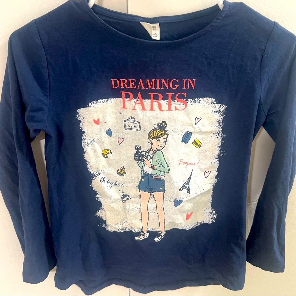Zara kids girls navy long sleeve graphic top “dreaming in paris” size 9.